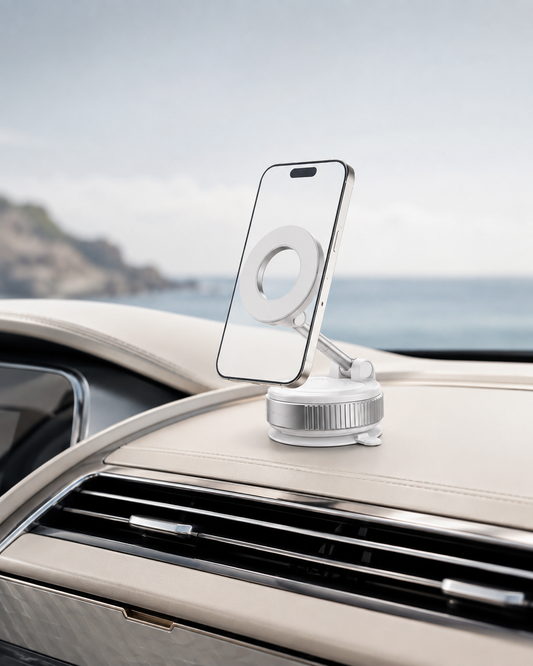 A silver magnetic car phone mount with a smartphone displayed inside, mounted on a beige car dashboard with a blurred ocean and coastline background.