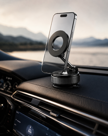 A black magnetic car phone mount holding a smartphone, mounted on a car dashboard with a blurred scenic background of water and mountains.